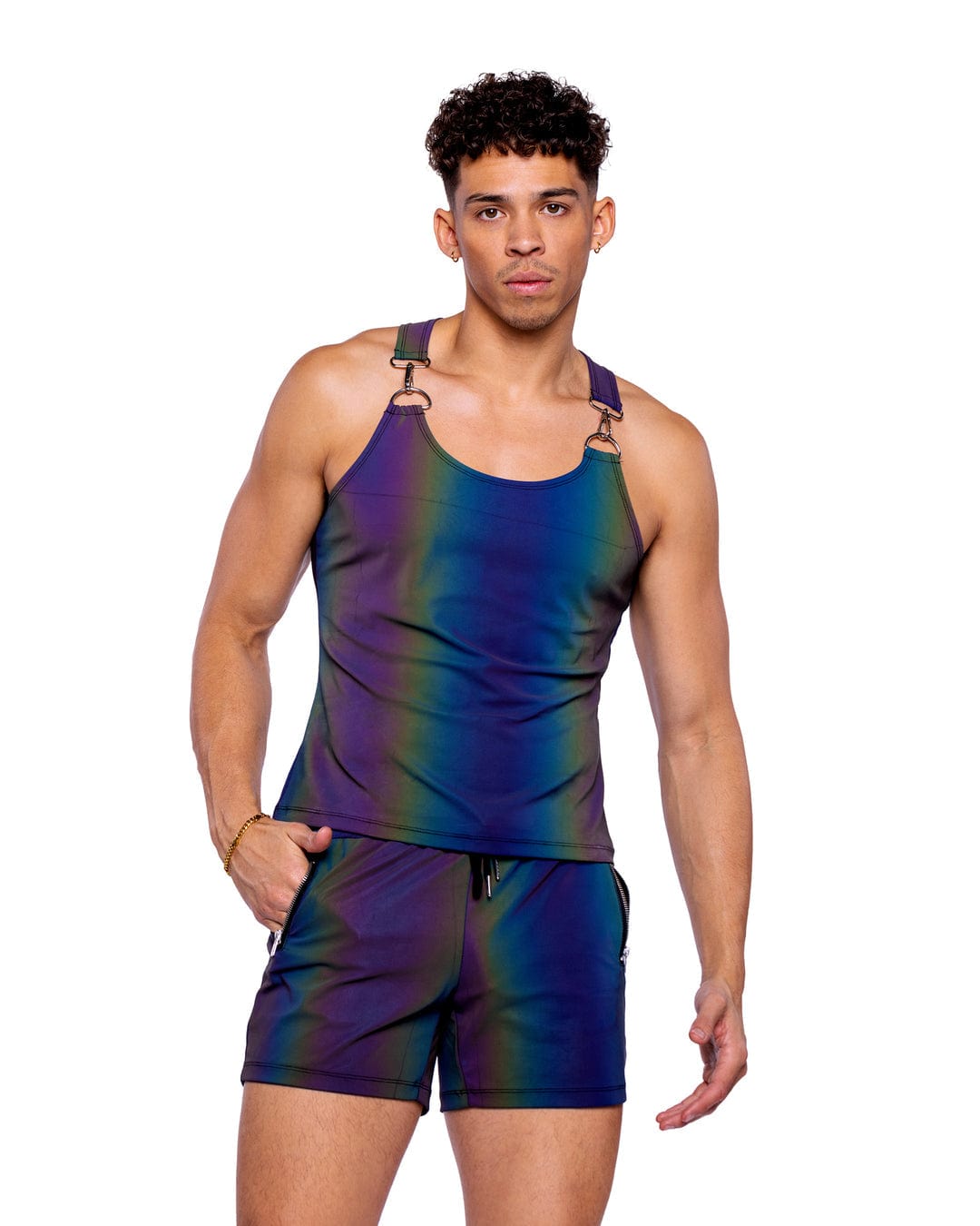 Roma Sexy Men&#39;s Rainbow Reflective Tank Top Rave Wear 2024 Sexy Men&#39;s Rainbow Reflective Shorts w/ Zipper Pockets Apparel &amp; Accessories &gt; Costumes &amp; Accessories &gt; Costumes