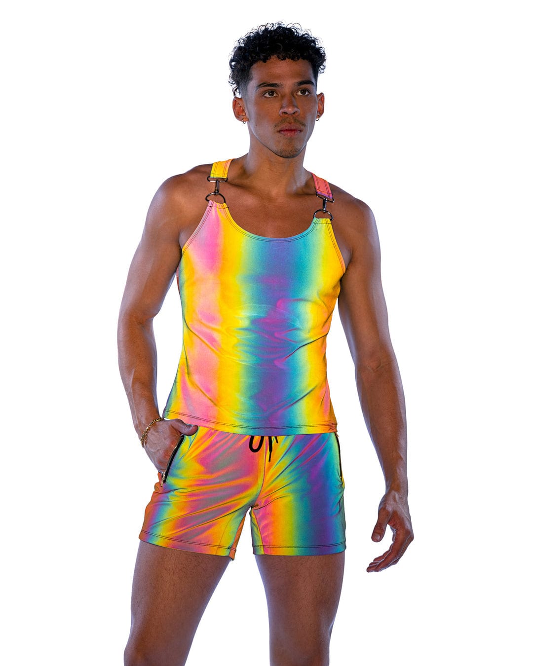 Roma Sexy Men&#39;s Rainbow Reflective Tank Top Rave Wear 2024 Sexy Men&#39;s Rainbow Reflective Shorts w/ Zipper Pockets Apparel &amp; Accessories &gt; Costumes &amp; Accessories &gt; Costumes