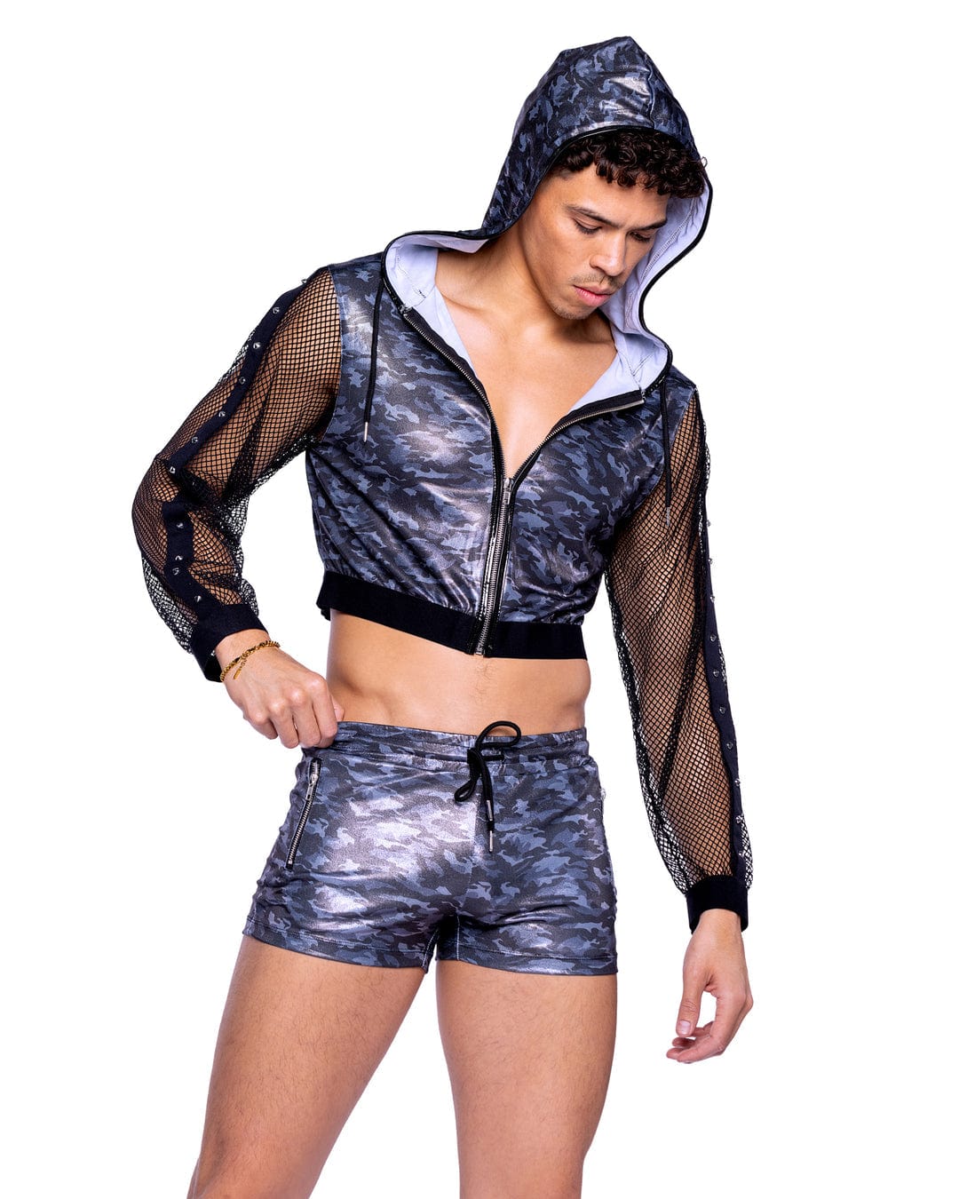 Roma Sexy Men&#39;s Shimmer Camouflauge Cropped Hooded Jacket 2024 Sexy Men&#39;s Shimmer Camouflauge Shorts Rave Wear Apparel &amp; Accessories &gt; Costumes &amp; Accessories &gt; Costumes