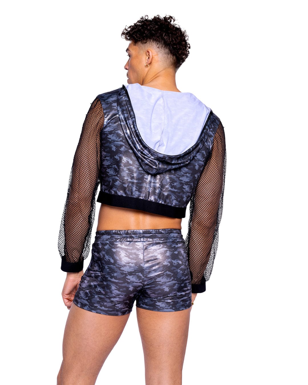 Roma Sexy Men&#39;s Shimmer Camouflauge Cropped Hooded Jacket 2024 Sexy Men&#39;s Shimmer Camouflauge Shorts Rave Wear Apparel &amp; Accessories &gt; Costumes &amp; Accessories &gt; Costumes