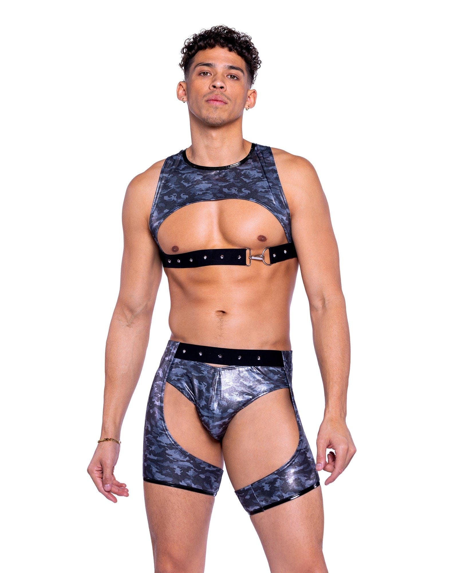 Roma Sexy Men's Shimmer Camouflauge Cropped Top 2024 Sexy Men's Shimmer Camouflauge Chaps Rave Wear Apparel & Accessories > Costumes & Accessories > Costumes