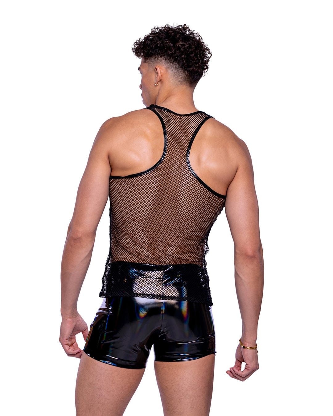 Roma Sexy Men&#39;s Vinyl w/ Iridescent Print Shorts 2024 Sexy Men&#39;s Black Collared Cropped Zip-Up Top Rave Wear Apparel &amp; Accessories &gt; Costumes &amp; Accessories &gt; Costumes