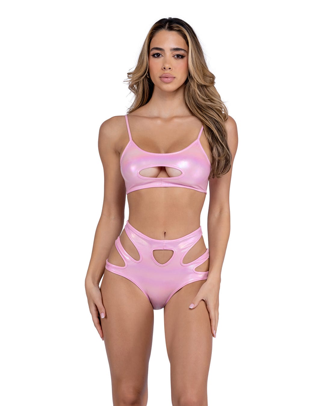 Roma Sexy Pink Metallic Iridescent Shorts Rave Wear 2024 Sexy Pink Metallic Iridescent Keyhole Highwaisted Shorts Apparel &amp; Accessories &gt; Costumes &amp; Accessories &gt; Costumes