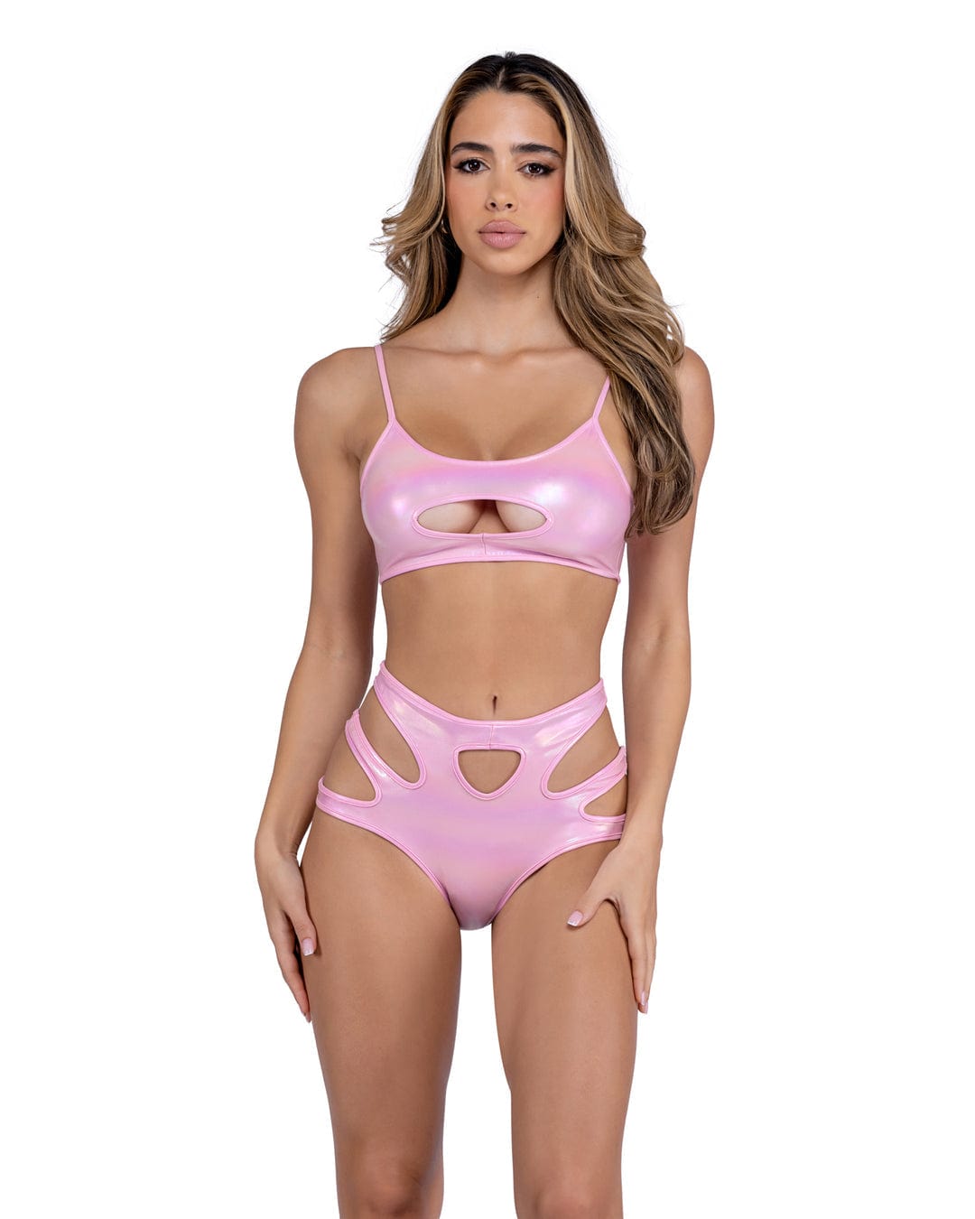 Roma Sexy Pink Metallic Iridescent Shorts Rave Wear 2024 Sexy Pink Metallic Iridescent Keyhole Highwaisted Shorts Apparel & Accessories > Costumes & Accessories > Costumes