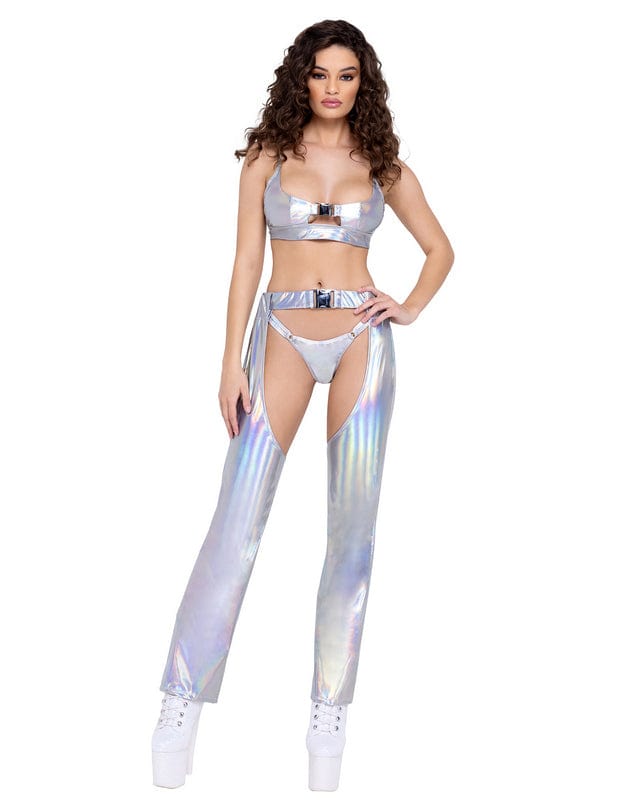 Roma Silver Vinyl Hologram w/ Belt Chaps Festival Ravewear 2023 Green Sheer Dotted Marabou Trim Chaps Festival Ravewear Apparel & Accessories > Costumes & Accessories > Costumes
