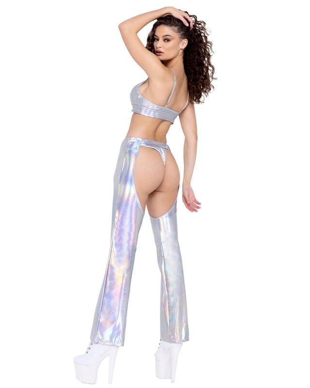 Roma Silver Vinyl Hologram w/ Belt Chaps Festival Ravewear 2023 Green Sheer Dotted Marabou Trim Chaps Festival Ravewear Apparel & Accessories > Costumes & Accessories > Costumes