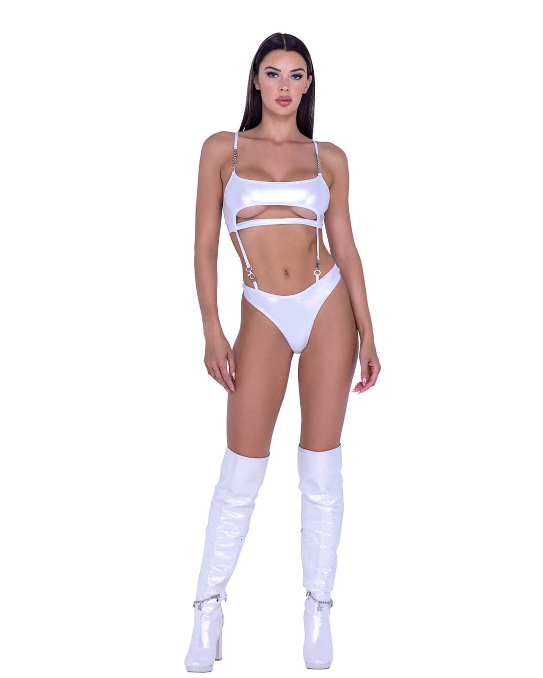 Roma White / S Sexy White Metallic Iridescent Underboob Romper 2024 Sexy Shimmer Multi-Colored High Waisted Shorts Apparel &amp; Accessories &gt; Costumes &amp; Accessories &gt; Costumes
