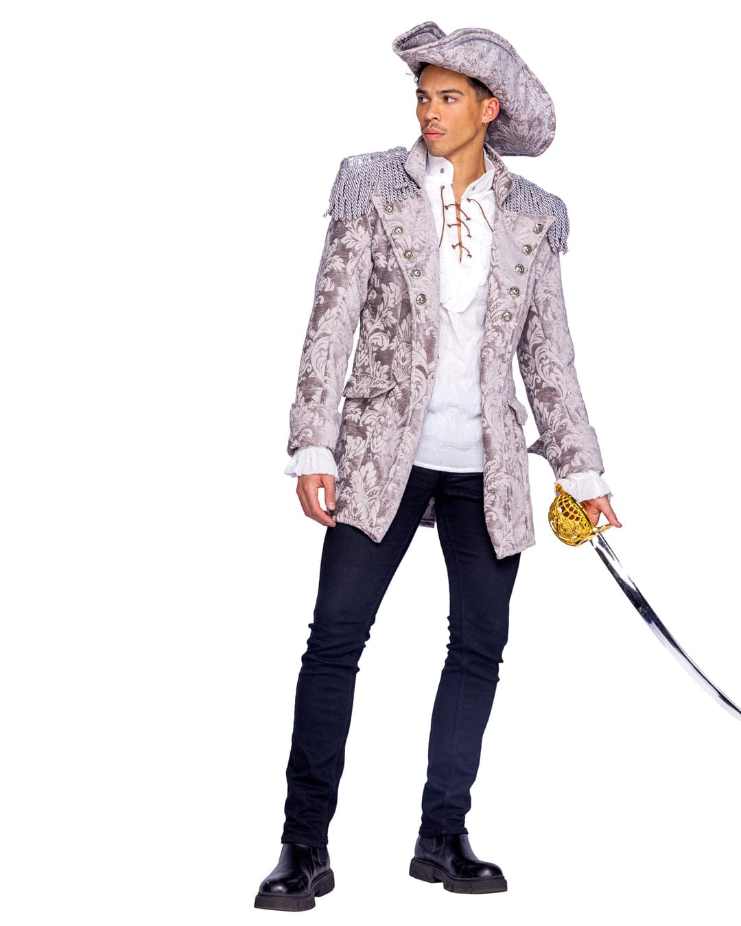 Roma Gray / Small 2 Pc Deluxe Pirate King Halloween Cosplay Costume 6387-Grey/Blk-S 2024 Men's Deluxe Pirate King Halloween Cosplay Costume Apparel & Accessories > Costumes & Accessories