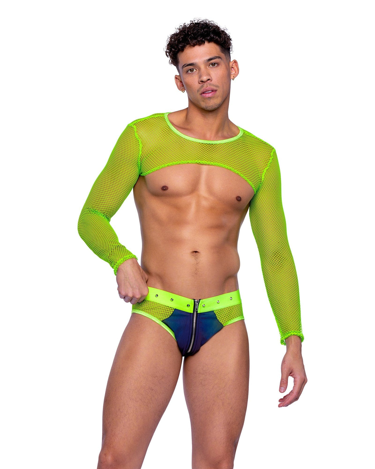 Roma Green Men&#39;s Long Sleeved Cropped Finish Top Festival Rave Wear 2024 Sexy Heartbreaker Elastic Straps O-ring Detail Harness Apparel &amp; Accessories &gt; Costumes &amp; Accessories