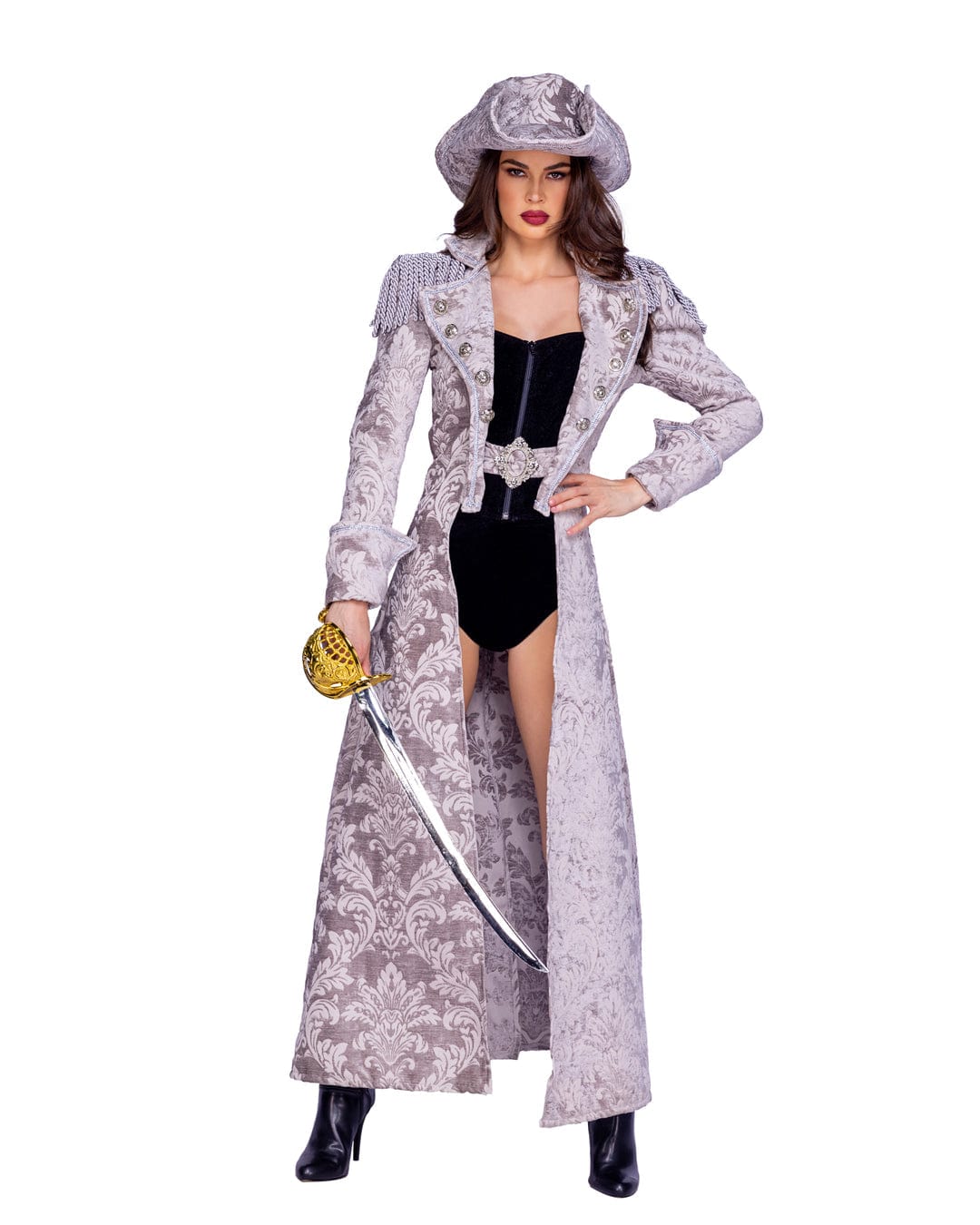 Roma Grey / Small 3 Pc Deluxe Pirate Queen Halloween Cosplay Costume 6386-Grey/Blk-S 2024 Sexy Deluxe Pirate Queen Halloween Cosplay Women&#39;s Costume Apparel &amp; Accessories &gt; Costumes &amp; Accessories