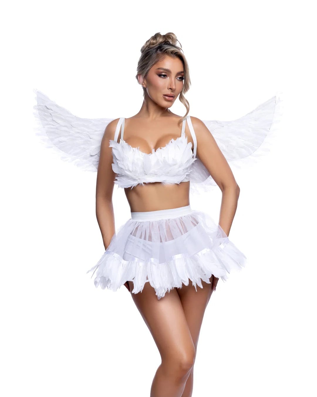 Roma Heavenly Angel Feather Bra, Wings, Shorts & Mesh Skirt Halloween Cosplay Costume White Heavenly Angel Feather Mesh Halloween Cosplay Costume Apparel & Accessories > Costumes & Accessories