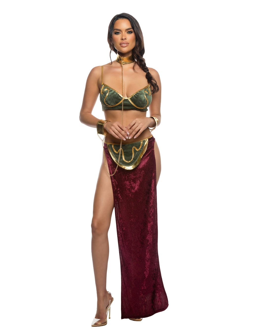 Roma Multi Colored / Small 3 Pc Galaxy Princess Velvet Bralette, Collar w/ Chain Cuffs & High Slits Long Skirt Cosplay Costume 6563-Green/Burg-S Velvet Bralette, Collar w/ Cuffs & Long Skirt Cosplay Costume Apparel & Accessories > Costumes & Accessories