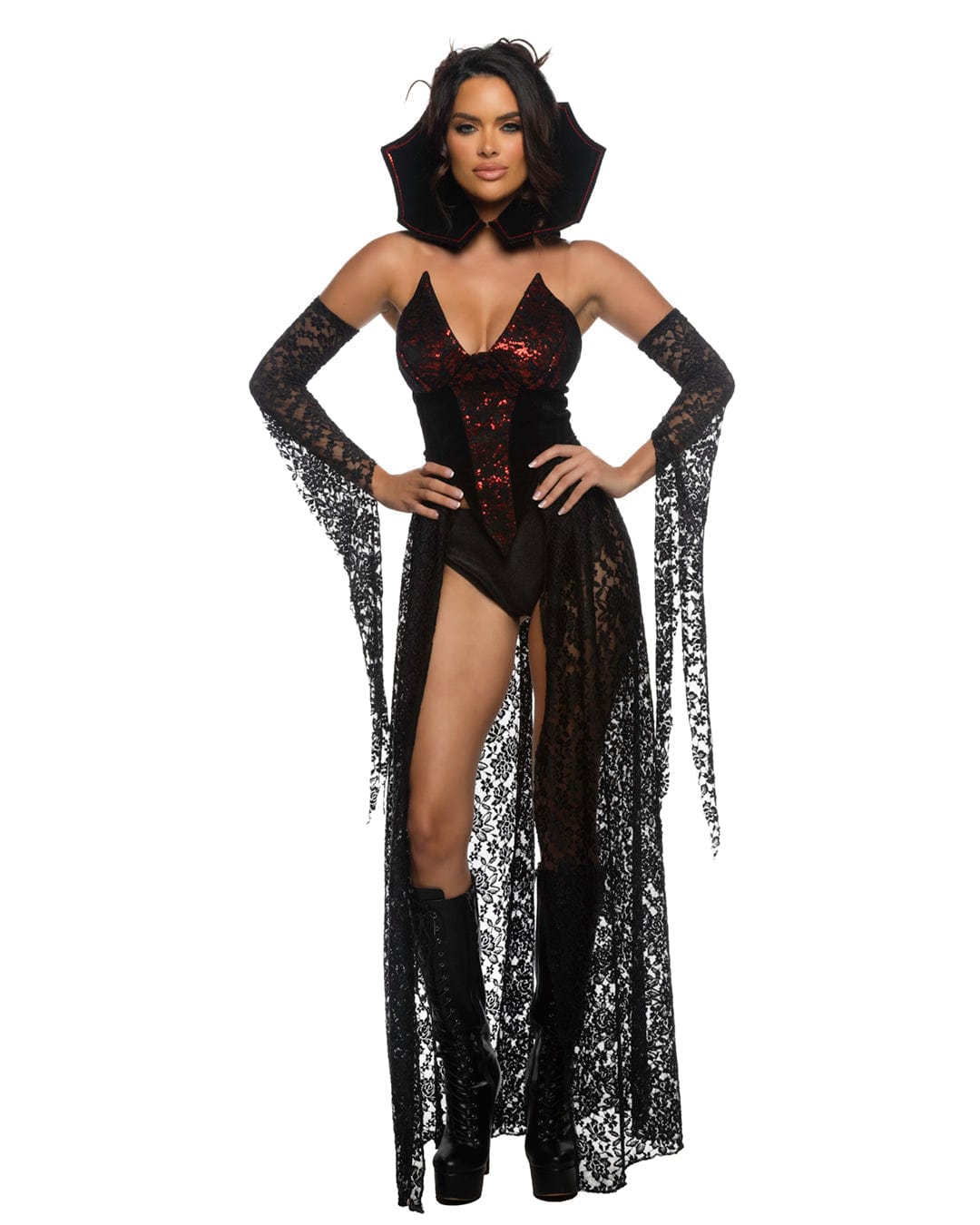 Roma Multi Colored / Small 4 Pc Dark Romance Velvet Sequin Lace Overlay Vampire Halloween Cosplay Costume 6546-Blk/Burg-S Velvet Sequin Lace Overlay Vampire Halloween Cosplay Costume Apparel & Accessories > Costumes & Accessories