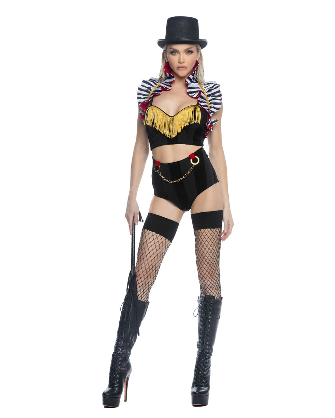 Roma Multi Colored / Small 5 Pc Circus Ring Leader Satin Bolero, Knit Coptop, High-waisted Shorts, Hat & Whip Cosplay Costume 6578-Blk/Wht-S 5Pc Multicolored Circus Ringleader Halloween Cosplay Costume Apparel & Accessories > Costumes & Accessories
