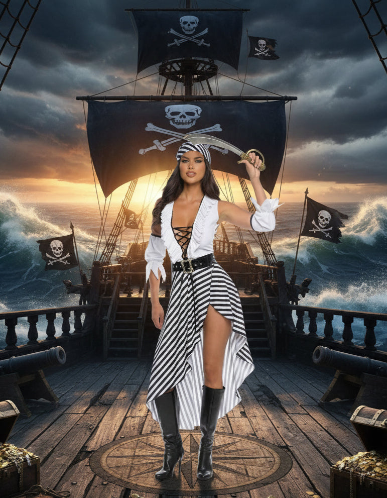 Roma Multi Colored / Small Black & White Seas Wench Knit Dress, Head Scarf, Belt, Sleeves & Toy Sword Cosplay Costume 6599-Blk/Wht-S Black White Dress, Head Scarf, Belt, Sleeves & Sword Costume Apparel & Accessories > Costumes & Accessories