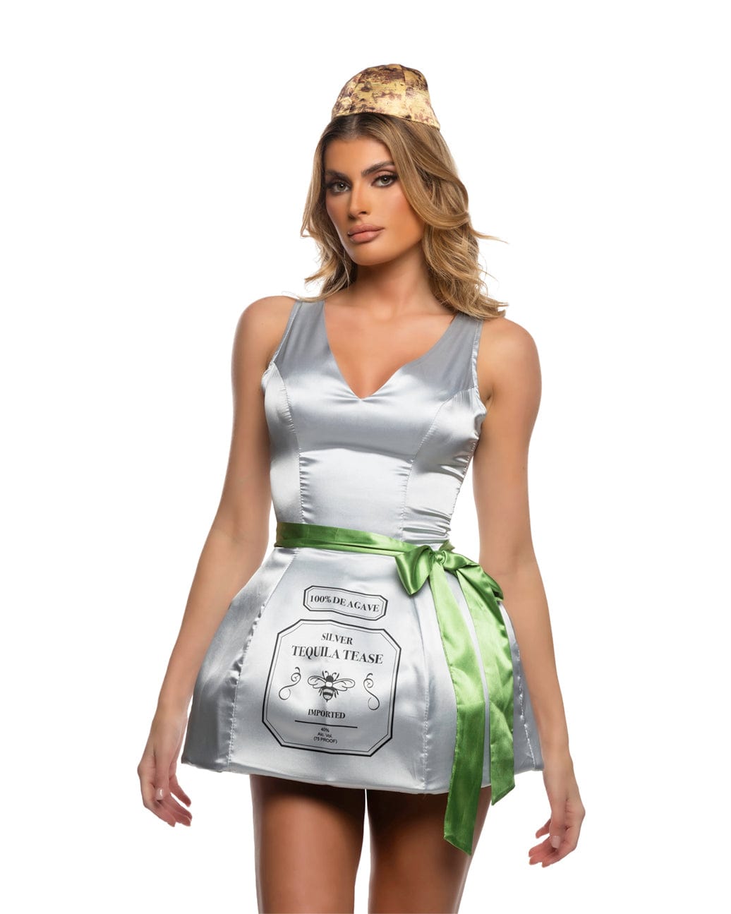 Roma Multi / Small Silver Satin Tequila Mini Dress, Green Sash & Brown Headpiece Halloween Cosplay Costume 6602-Slvr/Green-S Silver Satin Dress Green Sash Brown Headpiece Cosplay Costume Apparel & Accessories > Costumes & Accessories