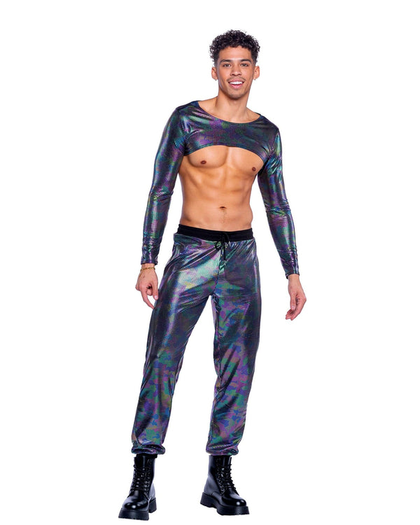 Roma Multicolor Rainbow Shimmer Camouflage Long Sleeved Crop Top Rave Wear 2024 Sexy Men's Long Sleeved Cropped Finish Top Festival Rave Wear Apparel & Accessories > Costumes & Accessories