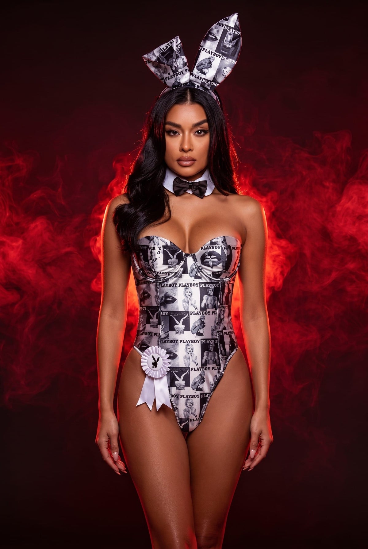 Roma Print / Extra Small 8 Pc Black & White Cover Girl Playboy Bunny Cosplay Halloween Costume PB157-Blk/Wht-XS 6 Pc Cover Girl Playboy Bunny Halloween Cosplay Roma Costume Apparel & Accessories > Costumes & Accessories