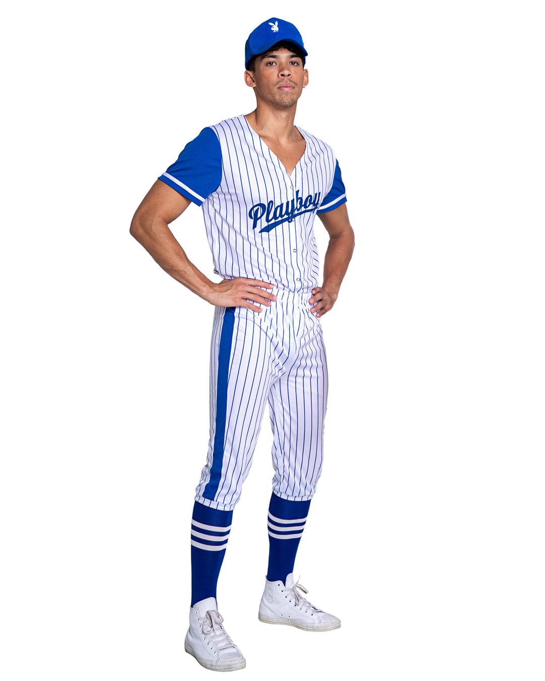 Roma Print / Small Men's Blue & White Playboy Bunny V-neck Baseball Shirt, Pants& Cap Cosplay Costume PB160-Wht/Blue-S Men's White Playboy Bunny Shirt, Pants & Cap Cosplay Costume Apparel & Accessories > Costumes & Accessories