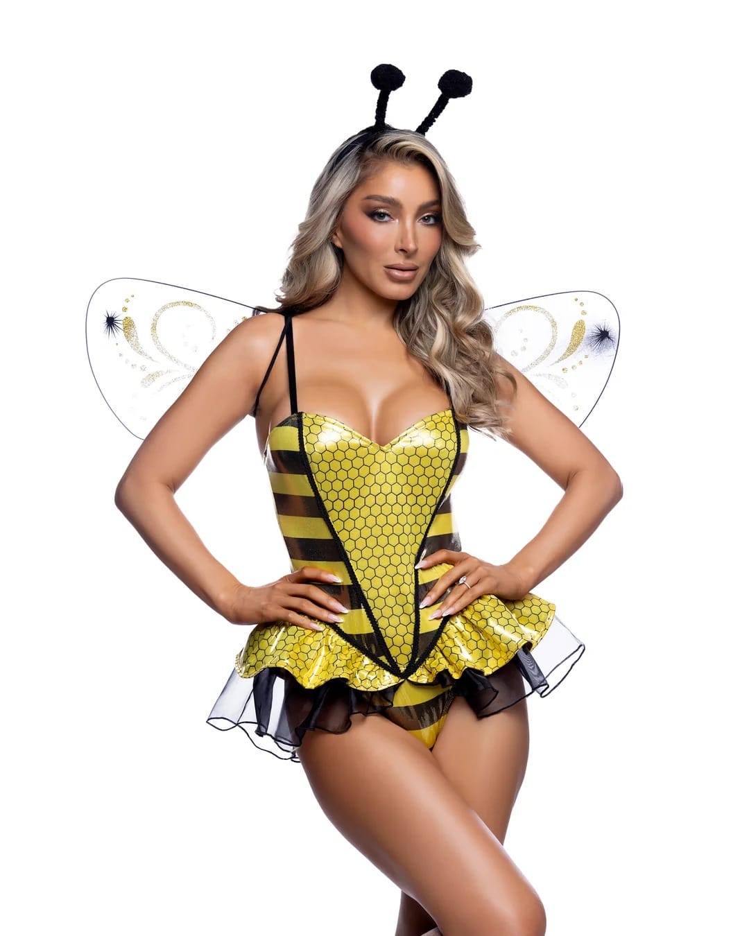 Roma Queen Bee Vinyl Mesh Bodysuit, Wings & Headpiece Halloween Cosplay Costume Black & Yellow Queen Bee Vinyl Bodysuit Halloween Costume Apparel & Accessories > Costumes & Accessories