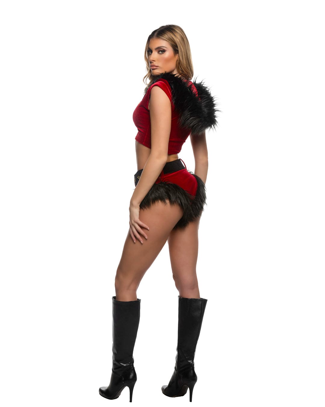 Roma Red &amp; Black Holiday Vixen Velvet w/ Faux Fur Hooded Croptop, High Waisted Shorts &amp; Belt Christmas Costume Red Velvet Fur Hooded Top, Shorts &amp; Belt Christmas Costume Apparel &amp; Accessories &gt; Costumes &amp; Accessories