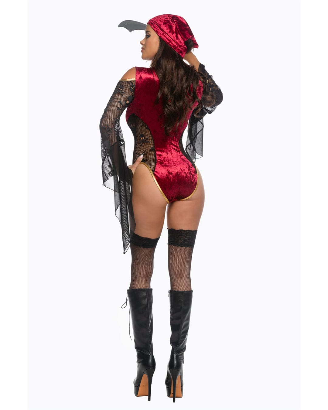 Roma Multi Colored / Small Red Velvet & Black Fishnet Treasure Tease Knit Long-sleeve Romper Head Scarf & Toy Sword Cosplay Costume 6600-Blk/Burg-S Red Velvet Black Fishnet Romper Head Scarf & Sword Costume Apparel & Accessories > Costumes & Accessories