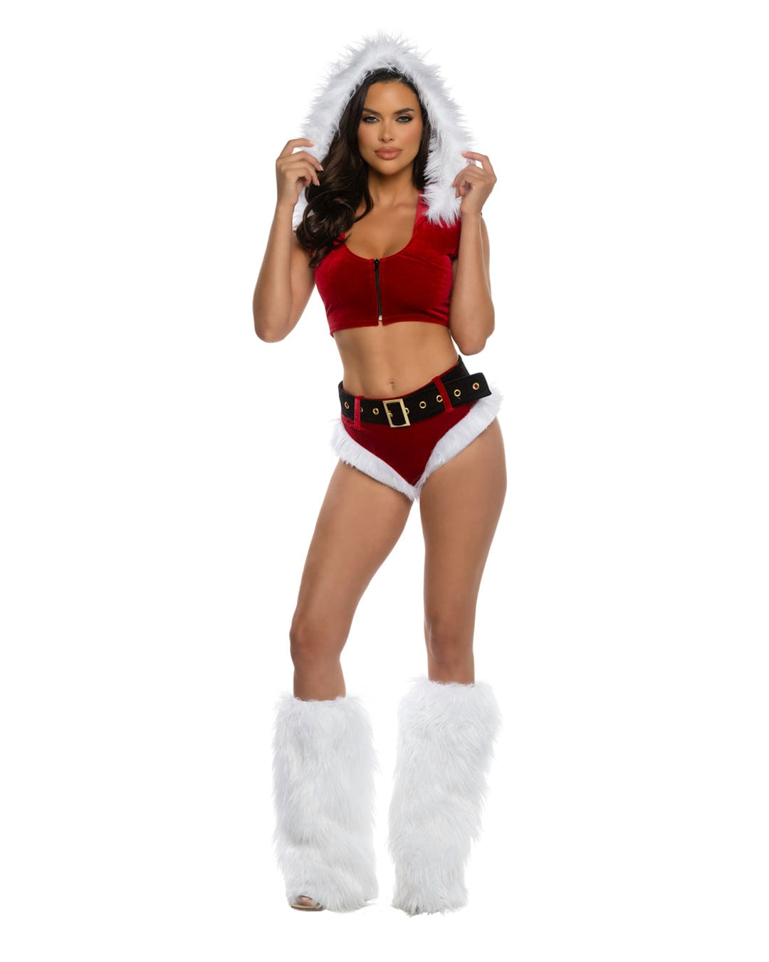Roma Red/White / Small Red & Black Holiday Vixen Velvet w/ Faux Fur Hooded Croptop, High Waisted Shorts & Belt Christmas Costume 6623-Red/Wht-S Red Velvet Fur Hooded Top, Shorts & Belt Christmas Costume Apparel & Accessories > Costumes & Accessories