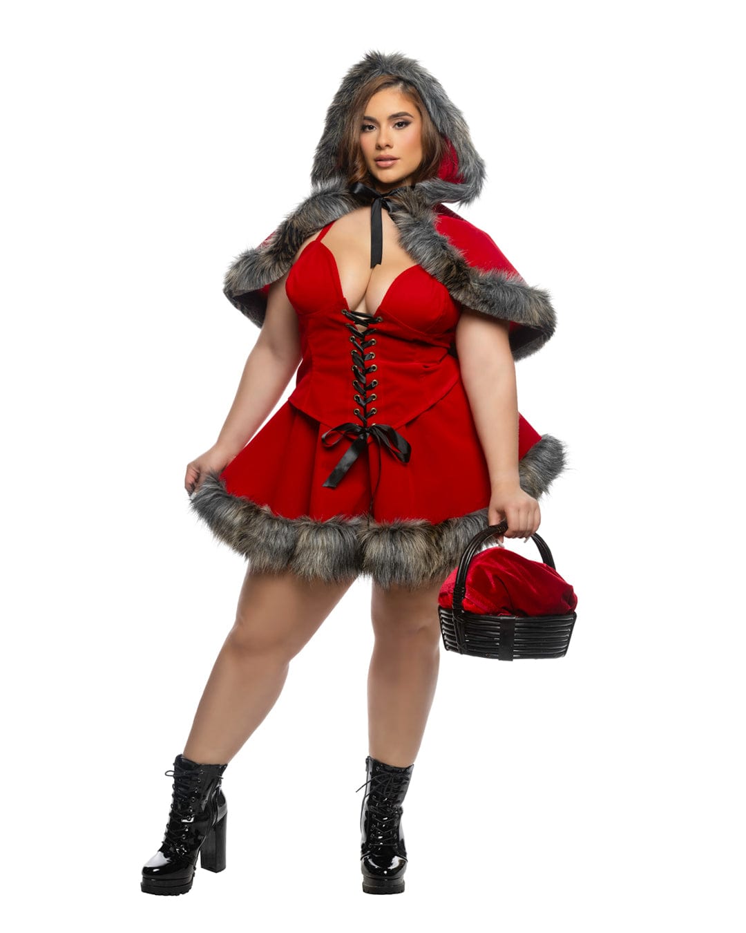 Roma Red / XXL 3 Pc Enchanted Forest Red Velvet & Faux Fur Hooded Capelet, Lace-Up Corset & Mini Skirt Cosplay Costume 6559-Red-XXL Red Velvet Fur Hooded Cape, Corset & Skirt Cosplay Costume Apparel & Accessories > Costumes & Accessories