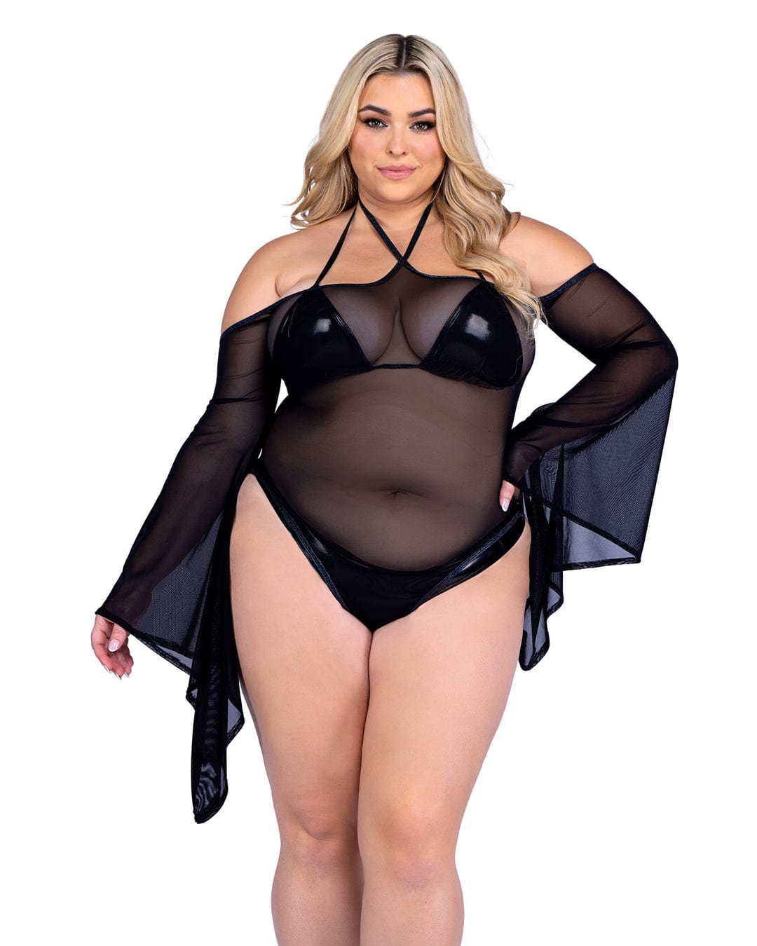 Roma Sexy Black Sheer Mesh Romper w/ Bell Sleeves 2024 Women&#39;s Army Hottie Halloween Roma Cosplay Costume 4986 Apparel &amp; Accessories &gt; Costumes &amp; Accessories