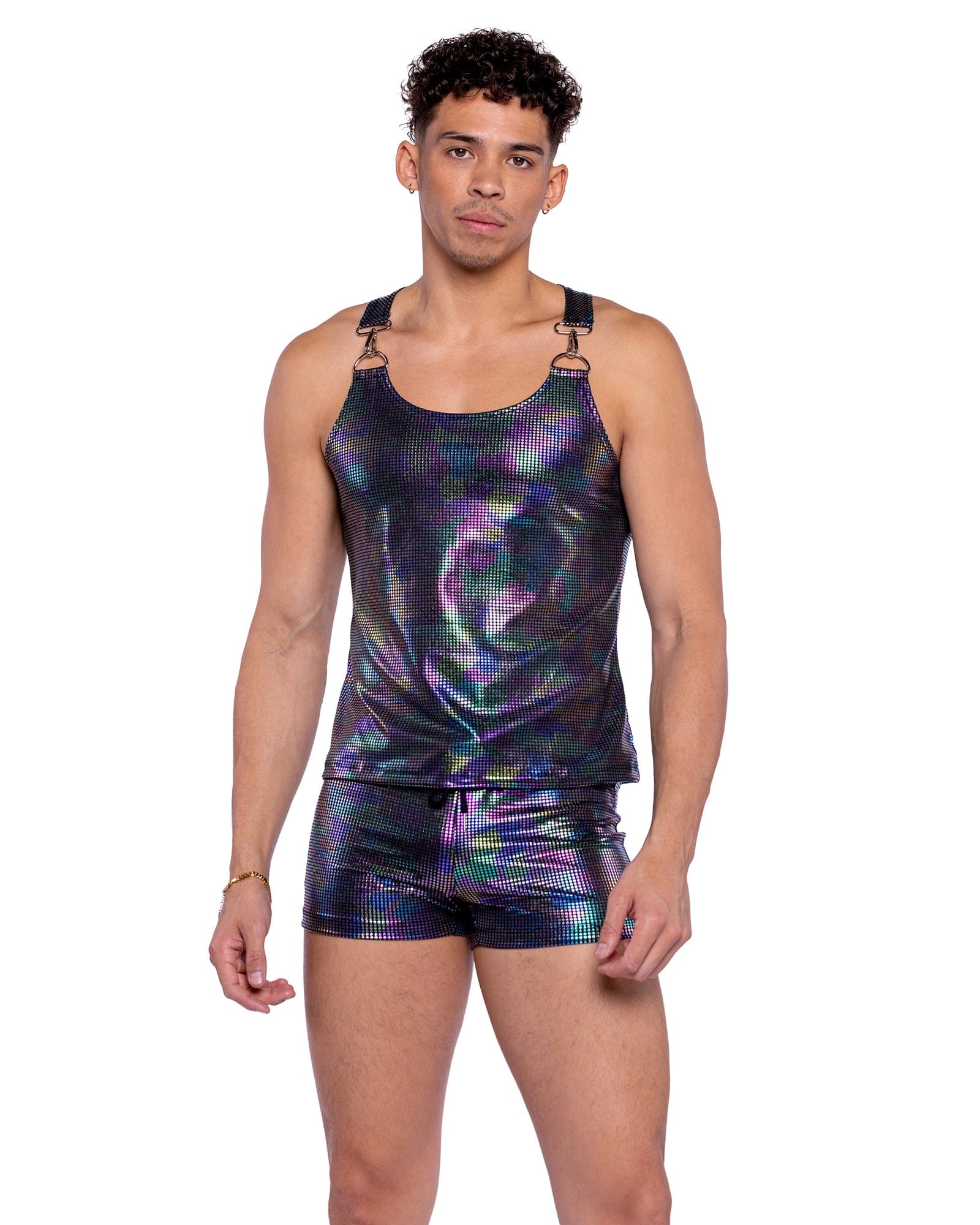 Roma Sexy Men's Rainbow Shimmer Camouflage Shorts Festival Rave Wear 2024 Sexy Men's Rainbow Shimmer Tank Top Rave Wear Apparel & Accessories > Costumes & Accessories
