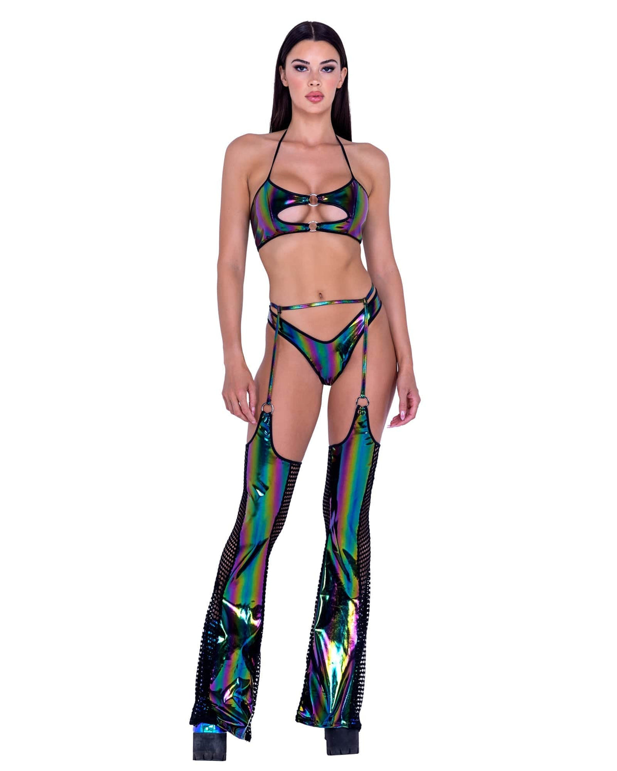 Roma Sexy Rainbow Print Vinyl &amp; Fishnet Chaps 2024 Women&#39;s Army Hottie Halloween Roma Cosplay Costume 4986 Apparel &amp; Accessories &gt; Costumes &amp; Accessories