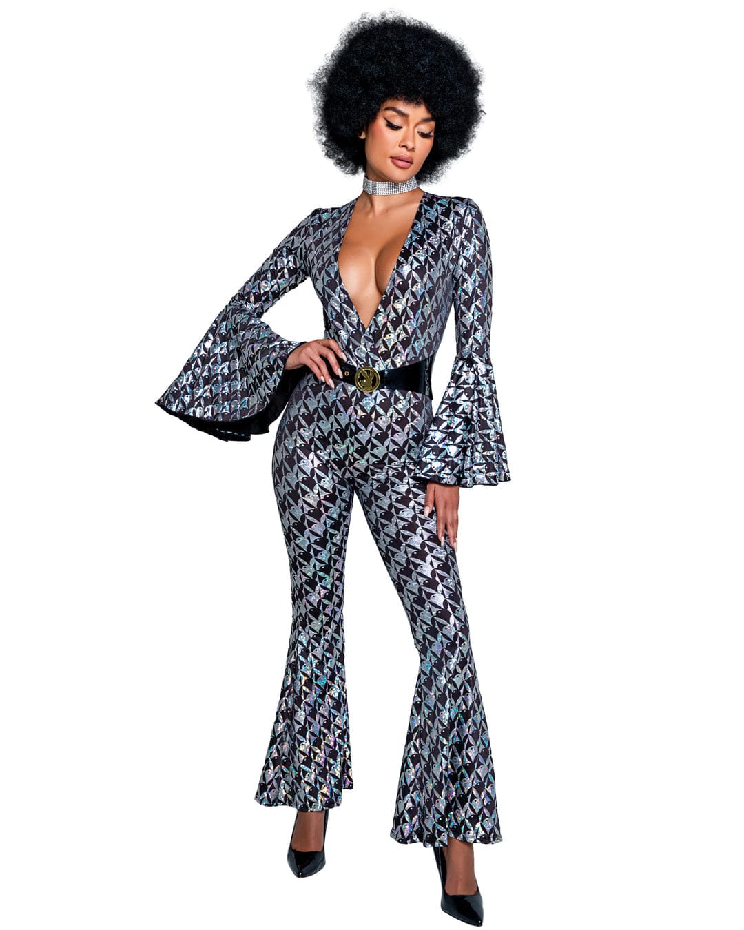 Roma Silver Disco Fever Playboy Bunny Holographic Deep Plunge Full Bodysuit w/ Belt Cosplay Costume Silver Playboy Bunny Full Bodysuit Halloween Cosplay Costume Apparel & Accessories > Costumes & Accessories