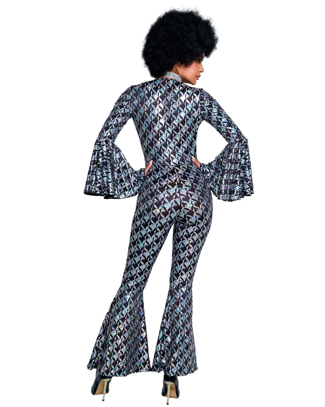 Roma Silver Disco Fever Playboy Bunny Holographic Deep Plunge Full Bodysuit w/ Belt Cosplay Costume Silver Playboy Bunny Full Bodysuit Halloween Cosplay Costume Apparel & Accessories > Costumes & Accessories