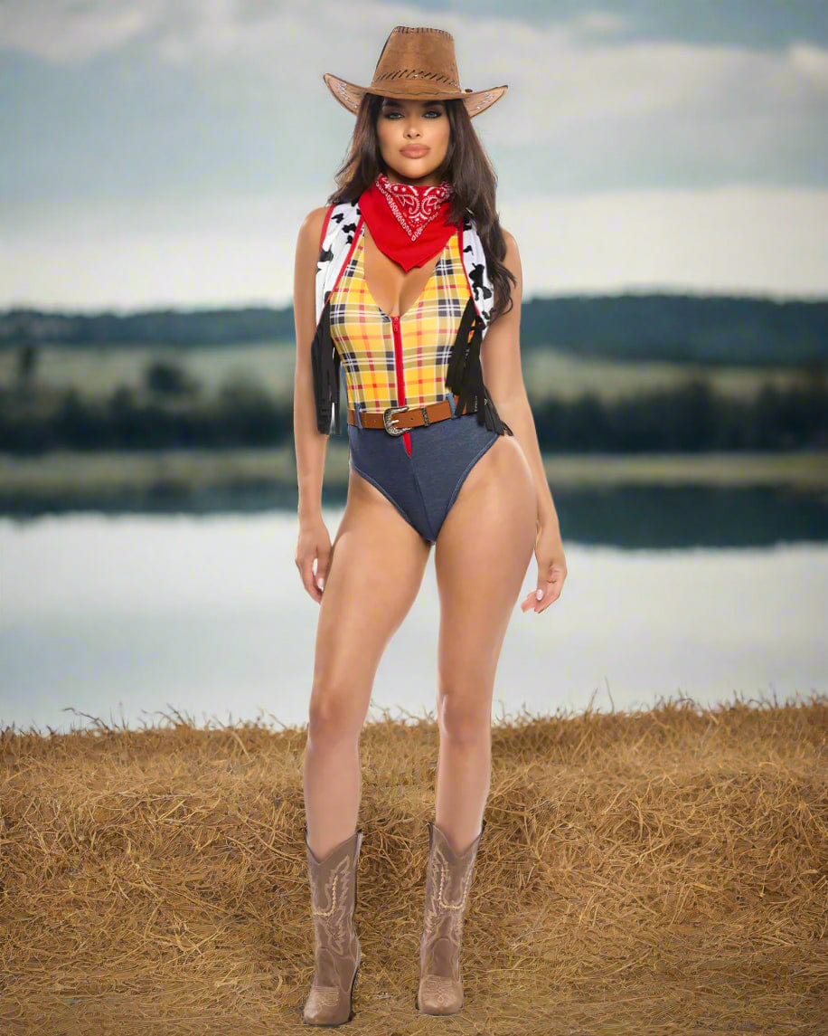 Roma Western Toy Story Zip-Up Deep Plunge Romper, Vest w/ Fringe, Belt & Bandana Cosplay Costume Toy Story Zip-Up Romper, Vest, Belt & Bandana Cosplay Costume Apparel & Accessories > Costumes & Accessories