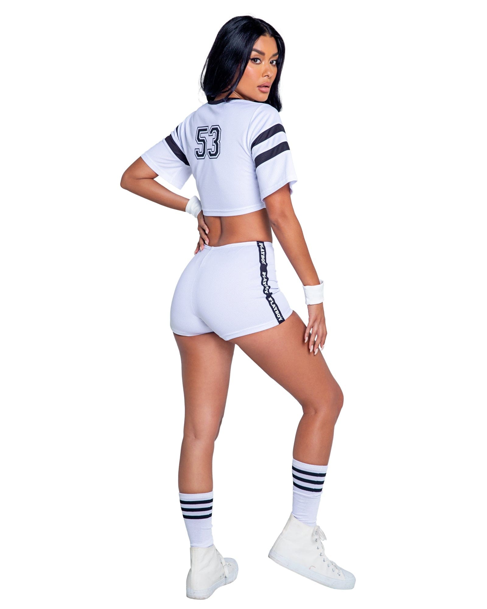 Roma White / Small White Playboy Bunny V-neck Football Jersey Croptop, High-waisted Shorts & Cuffs Cosplay Costume PB161-Wht/Blk-S White Playboy Bunny Jersey, Shorts & Cuffs Cosplay Costume Apparel & Accessories > Costumes & Accessories