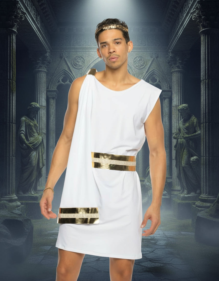 Roma White / Small Men's White Gilded Greek God Tunic & Faux Leather Belt Cosplay Costume 6636-Wht/Gold-S White Goddess Dress & Mesh Capelet Halloween Cosplay Costume Apparel & Accessories > Costumes & Accessories