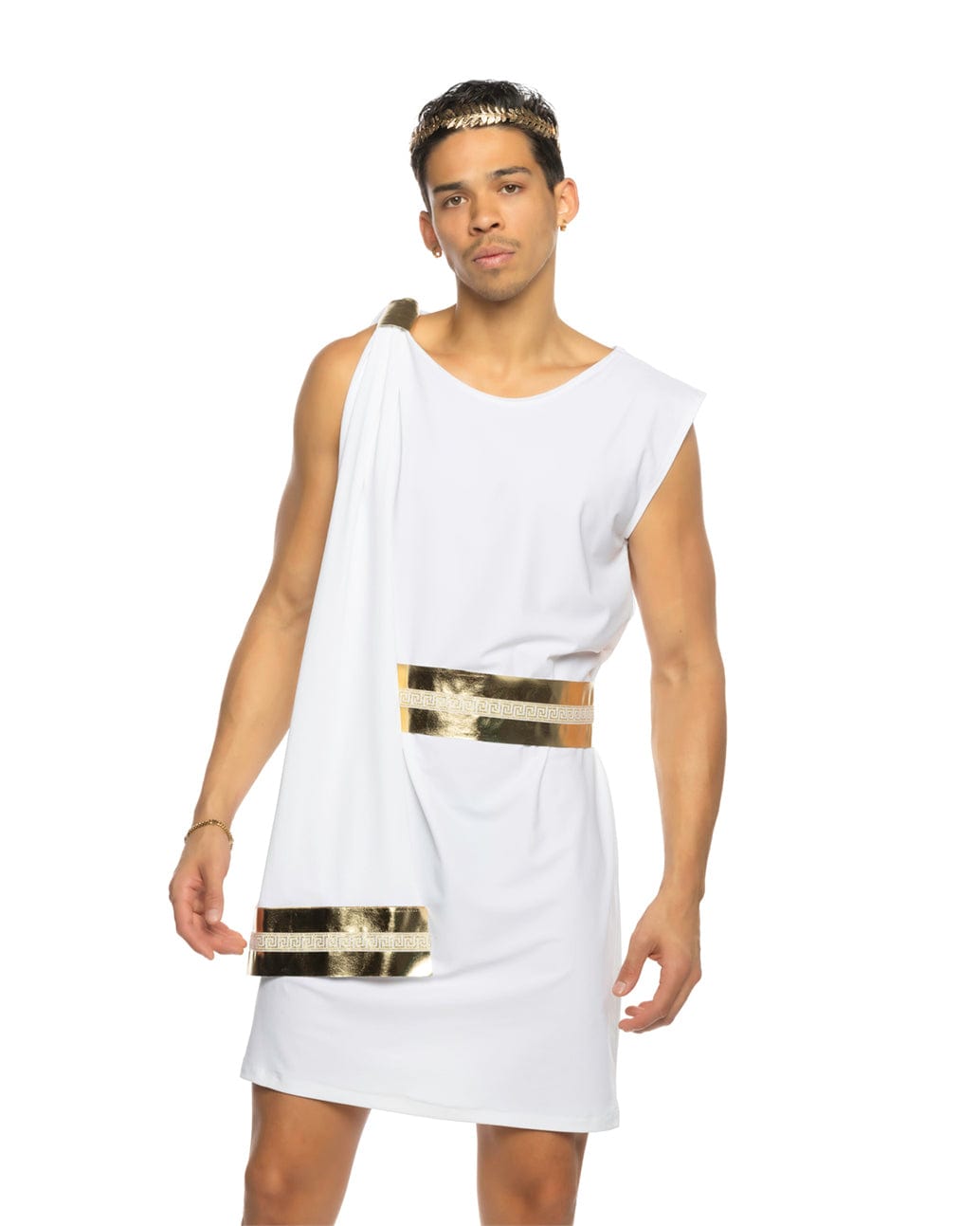 Roma White / Small Men's White Gilded Greek God Tunic & Faux Leather Belt Cosplay Costume 6636-Wht/Gold-S White Goddess Dress & Mesh Capelet Halloween Cosplay Costume Apparel & Accessories > Costumes & Accessories