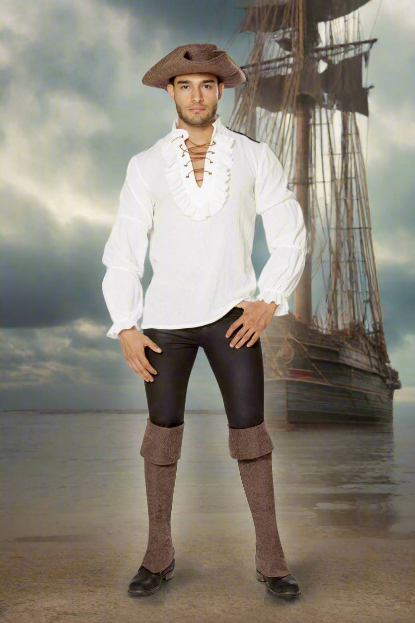 Roma White / Small Men's White Long-sleeve Lace-Up Ruffle Pirate Shirt Cosplay Costume 4651-Ivory-S Men's White Long-sleeve Ruffle Pirate Shirt Cosplay Costume Apparel & Accessories > Costumes & Accessories