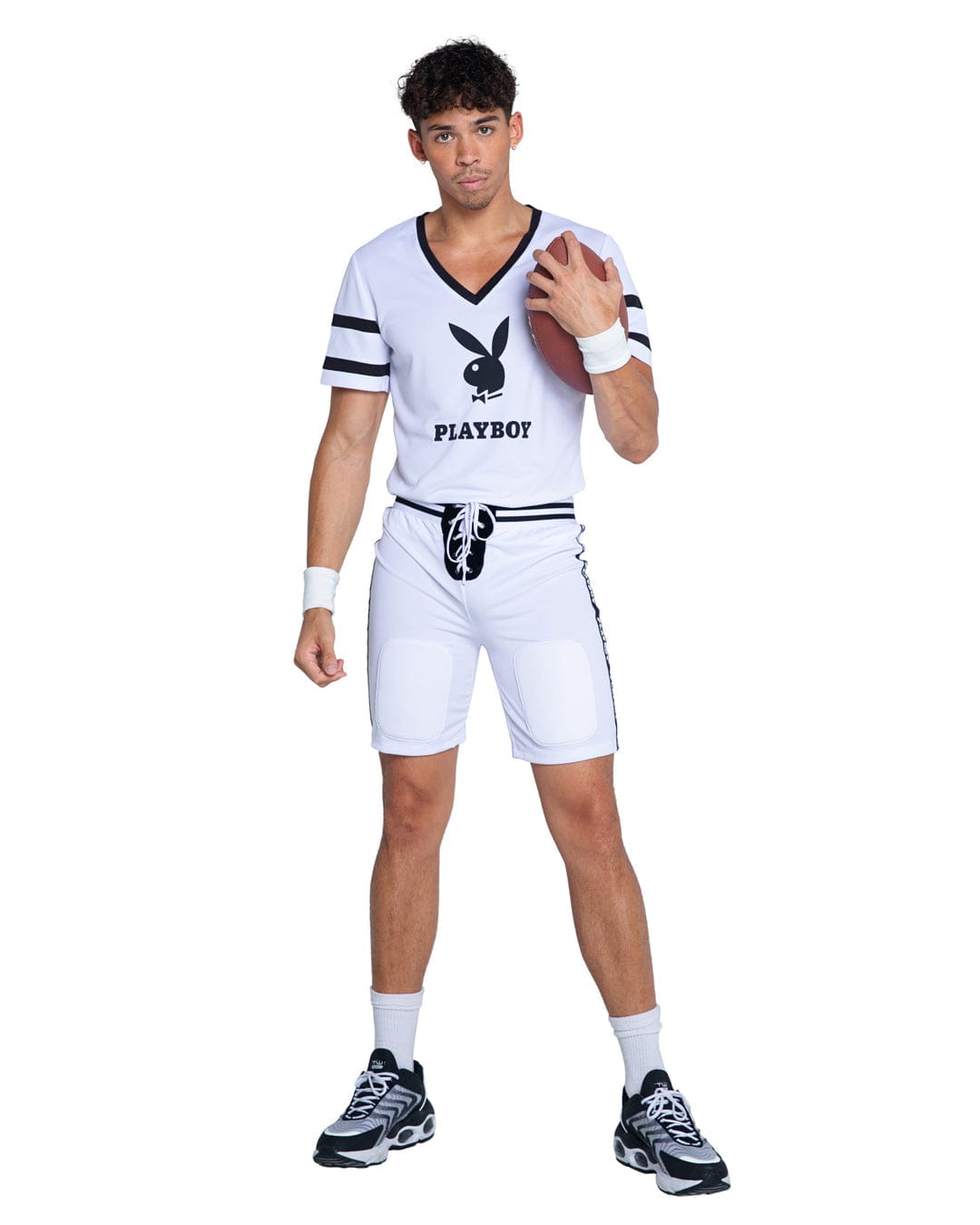 Roma White / Small Men's White Playboy Bunny V-neck Football Jersey, Shorts & Cuffs Cosplay Costume PB162-Wht/Blk-S Men's White Playboy Bunny Jersey, Shorts Cuffs Cosplay Costume Apparel & Accessories > Costumes & Accessories