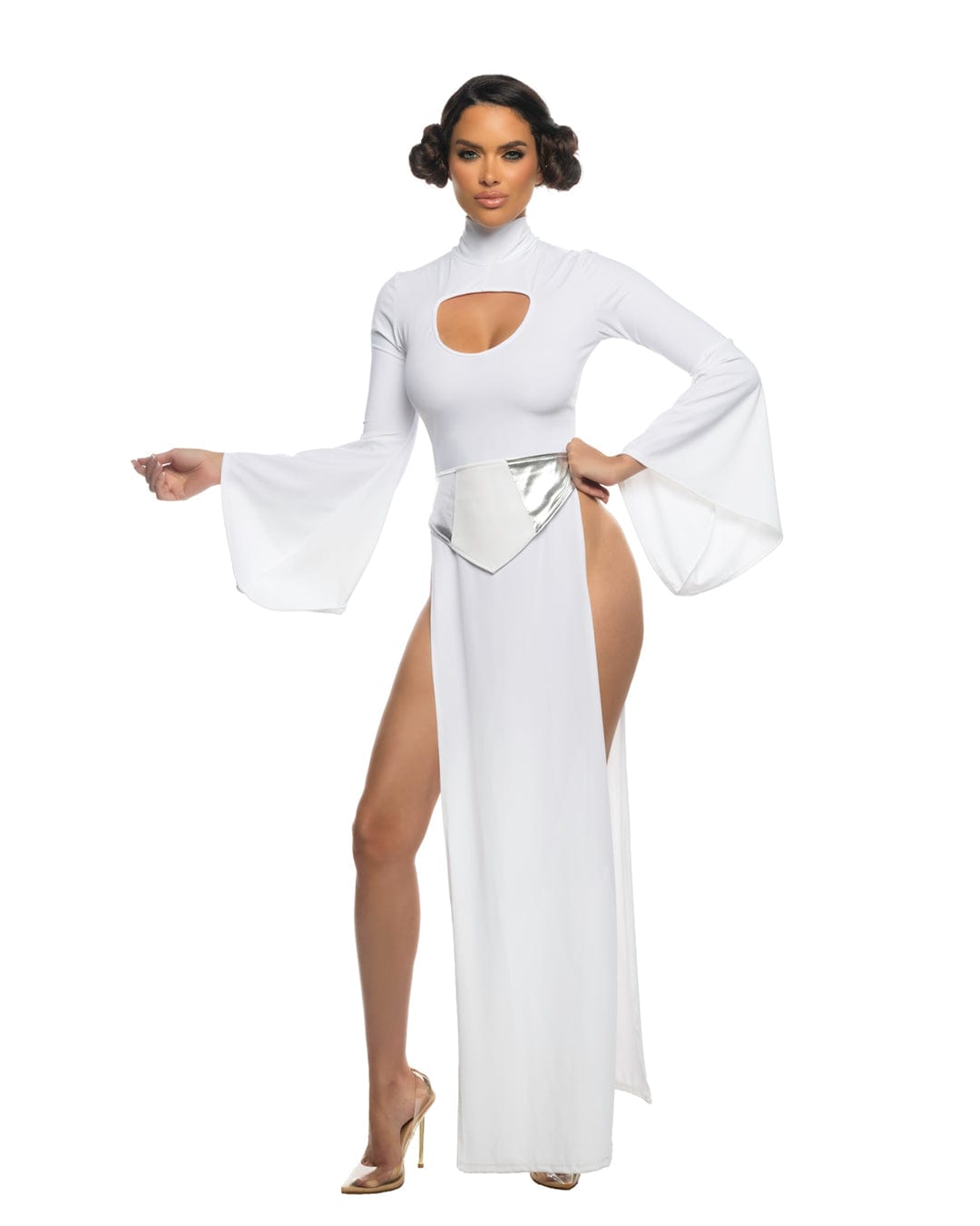 Roma White / Small White Galaxy Heroine Turtleneck Long-sleeve High Slits Long Knit Gown & Silver Belt Cosplay Costume 6564-Wht/Slvr-S White Turtleneck Long-sleeve Long Gown & Belt Cosplay Costume Apparel & Accessories > Costumes & Accessories