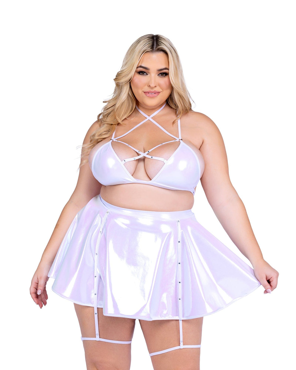 Roma White / XL Sexy White Metallic Iridescent Skirt 6455-Wht-XL 2024 Sexy Black Vinyl Flare Skirt Festival Rave Wear Apparel &amp; Accessories &gt; Costumes &amp; Accessories