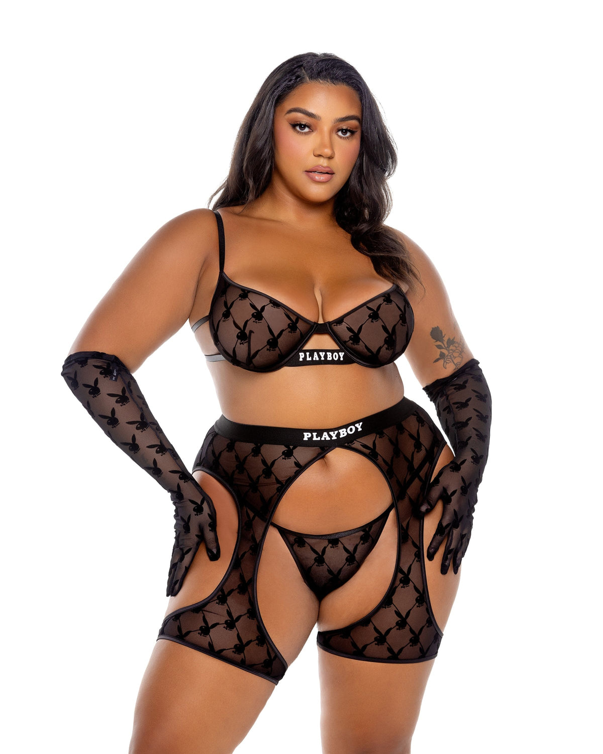 Roma Black / 1-x PBLI160 - Playboy Flocked Bunny Chaps PBLI160Q-Blk-1X PBLI160 - Playboy Flocked Bunny Chaps Lingerie