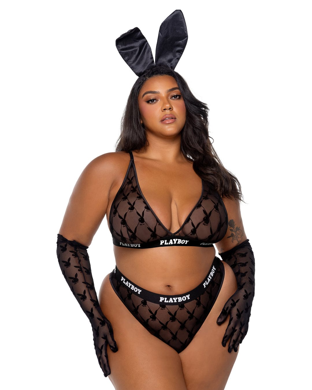 Roma Black / 1X Black Playboy Bunny Satin Mesh Bralette &amp; Thong Panty Lingerie (Plus Size Available) PBLI161Q-Blk-1X Sexy Black Playboy Bunny Satin Mesh Bralette &amp; Thong Panty Lingerie Lingerie