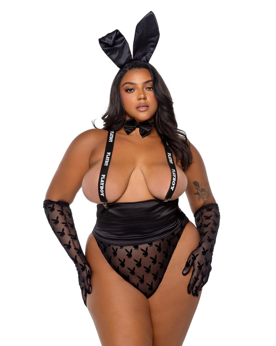 Roma Black / 1X Black Playboy Bunny Satin Suspender, Headpiece &amp; Thong Tux Suit Lingerie (Plus Size Available) PBLI166Q-Blk-1X Sexy Black Playboy Bunny Satin Suspender &amp; Thong Lingerie Lingerie