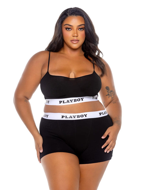 Roma Black / 1X Black Playboy Bunny Sport Bralette & High Waisted Short Lounge Lingerie (Plus size Available) PBLI172Q-Blk-1X Sexy Black Sport Bralette & High Waisted Short Lounge Lingerie Lingerie