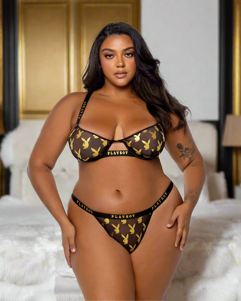 Roma Black/Gold / 1-x PBLI156 - Playboy Foiled Bunny 2pc Set PBLI156Q-Blk/Gold-1X PBLI156 - Playboy Foiled Bunny 2pc Set Lingerie
