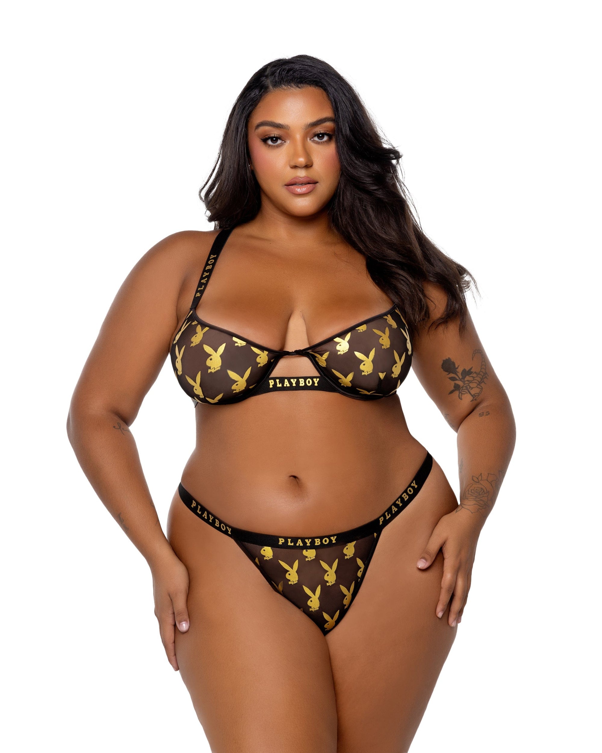 Roma Black/Gold / 1-x PBLI156 - Playboy Foiled Bunny 2pc Set PBLI156Q-Blk/Gold-1X PBLI156 - Playboy Foiled Bunny 2pc Set Lingerie