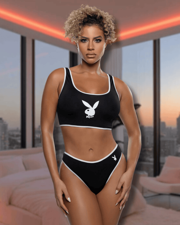 Roma Black / One Size Black Playboy Bunny Sport Jersey Knit Bralette & Brazilian Cheeky Panty Lounge Lingerie PBLI216-BLK/WHT-OS Black Playboy Bunny Sport Bralette & Cheeky Panty Lingerie Lingerie