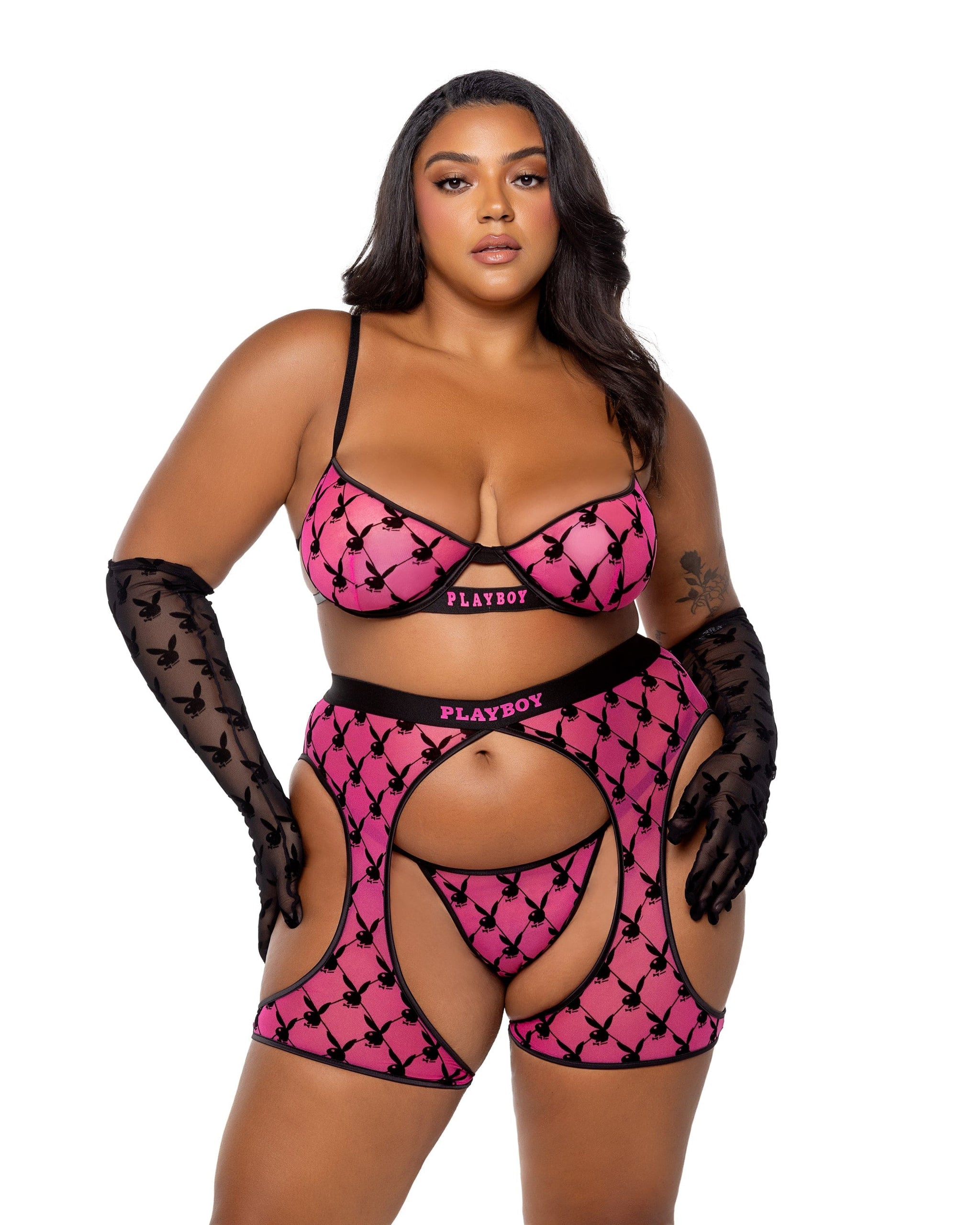 Plus Size Sexy Playboy Bunny Pink Bralette, Chaps Thong Lingerie Plus Size Sexy Playboy Bunny Pink Bralette, Chaps Thong Lingerie