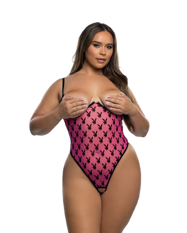 Roma Pink / 1X/2X Pink Playboy Bunny Underwire Sheer Mesh Cup-Less High Leg Thong Teddy Lingerie PBLI191Q-HP-1X/2X Pink Playboy Bunny Sheer Mesh Cup-Less Thong Teddy Lingerie Lingerie